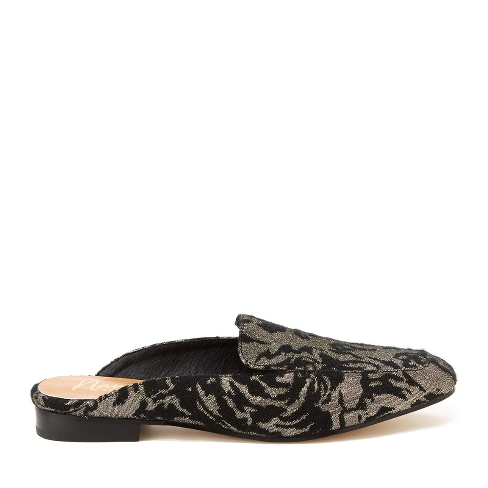NANETTE LEPORE Black/Pewter Brocade Slip On Mules Shoes